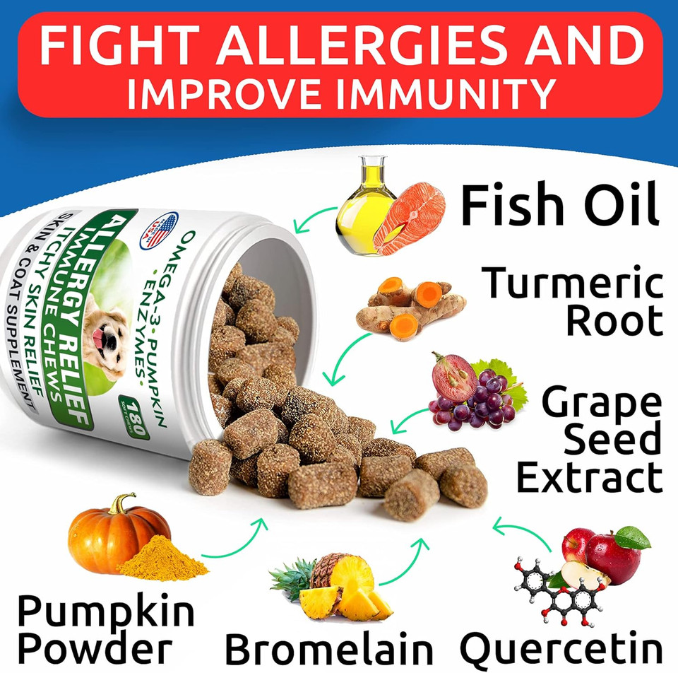 Allergy Relief + Probiotics Bundle - Anti-Itch Skin&Coat + Allergy&Itchy Skin - Omega 3 Fish Oil + Digestive Enzymes - Itching&Paw Licking + Pet Diarrhea Gas Treatment Upset - 360 Chews - Made In Usa