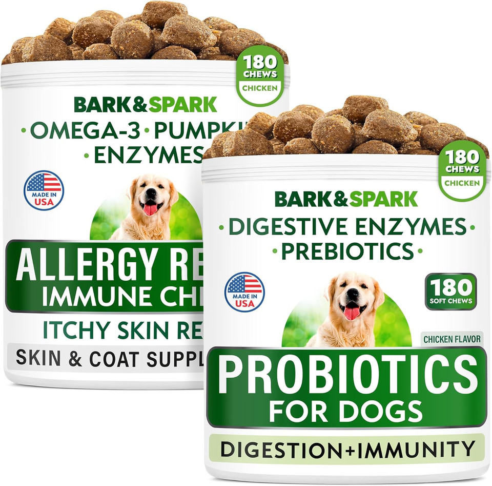 Allergy Relief + Probiotics Bundle - Anti-Itch Skin&Coat + Allergy&Itchy Skin - Omega 3 Fish Oil + Digestive Enzymes - Itching&Paw Licking + Pet Diarrhea Gas Treatment Upset - 360 Chews - Made In Usa