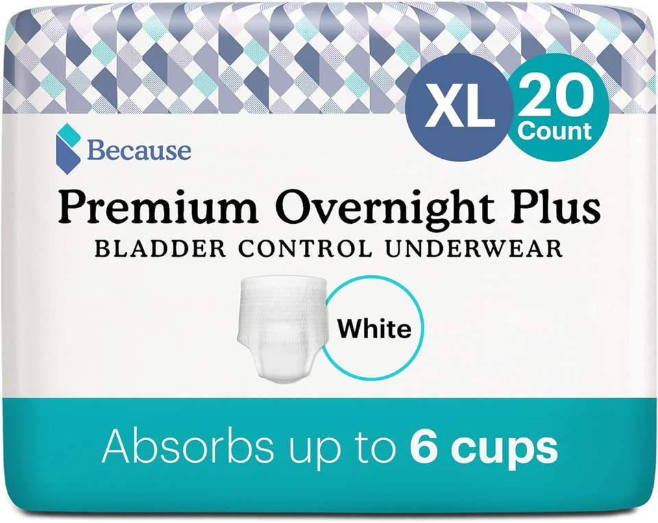 Because Overnight Incontinence Underwear & Booster Pad Bundle For Men & Women-Includes Underwear-White, Size Xl, 20 Count & Booster Pads, 20 Count- Absorbs Up To 10 Cups Of Liquid