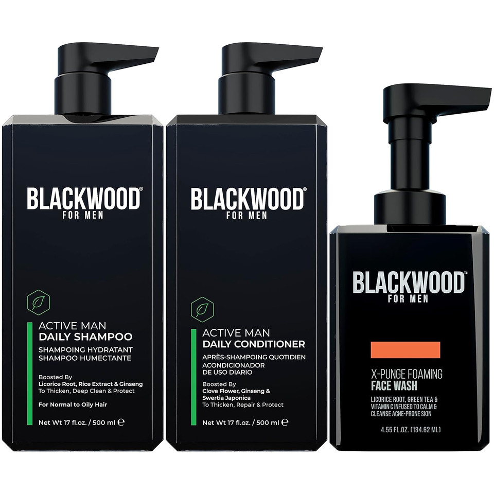 Blackwood For Men - Active Man Daily Conditioner (17 Oz), Thickening Shampoo (17 Oz), & X-Punge Foaming Face Wash (4.55 Oz) - Vegan, Natural Hair Care To Combat Hair Loss & Dandruff. Sulfate-Free, Par