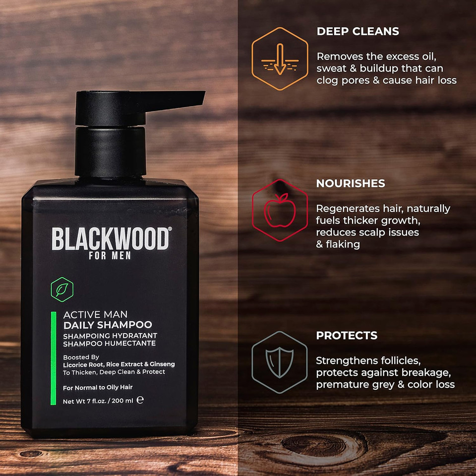Blackwood For Men Active Man Daily Shampoo - Thickening & Clarifying Shampoo For Normal To Oily Hair Or Scalp - Fights Hair Loss - Natural Vegan Formula - Sulfate Free With Ginseng & Aloe Vera (7Oz)