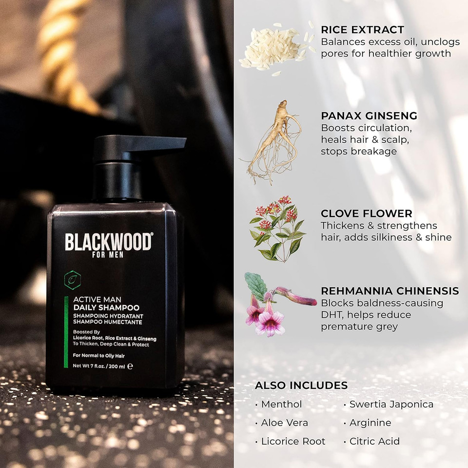 Blackwood For Men Active Man Daily Shampoo - Thickening & Clarifying Shampoo For Normal To Oily Hair Or Scalp - Fights Hair Loss - Natural Vegan Formula - Sulfate Free With Ginseng & Aloe Vera (7Oz)