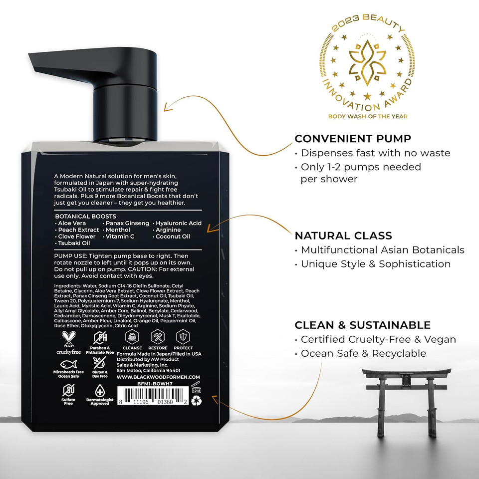 Blackwood For Men Pure Moisture Body Wash - Infused With Ginseng & Menthol - Natural Vegan Formula For Sensitive Skin And Workout Recovery - Sulfate Free, Paraben Free, & Cruelty Free (7 Oz)