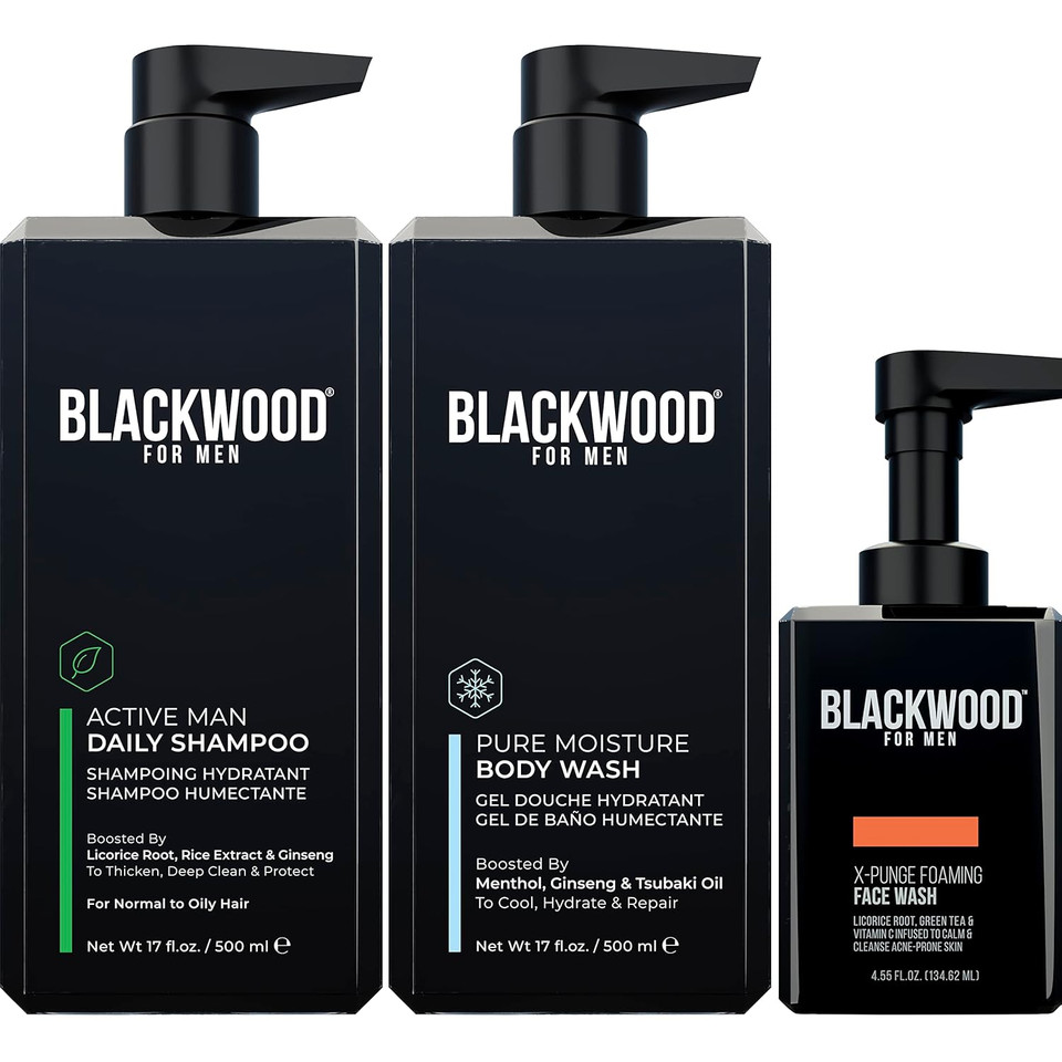Blackwood For Men Workout Warrior Recovery Set Including Active Men Shampoo, Pure Moisture Body Wash, X-Punge Foaming Face Wash - Natural Vegan Formula