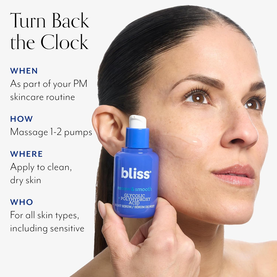 Bliss Renew & Smooth Night Face Serum- Aha Glycolic + Polyhydroxy Acid +Bliss Rest Assured  Eye Cream With Vitamin C & Caffeine