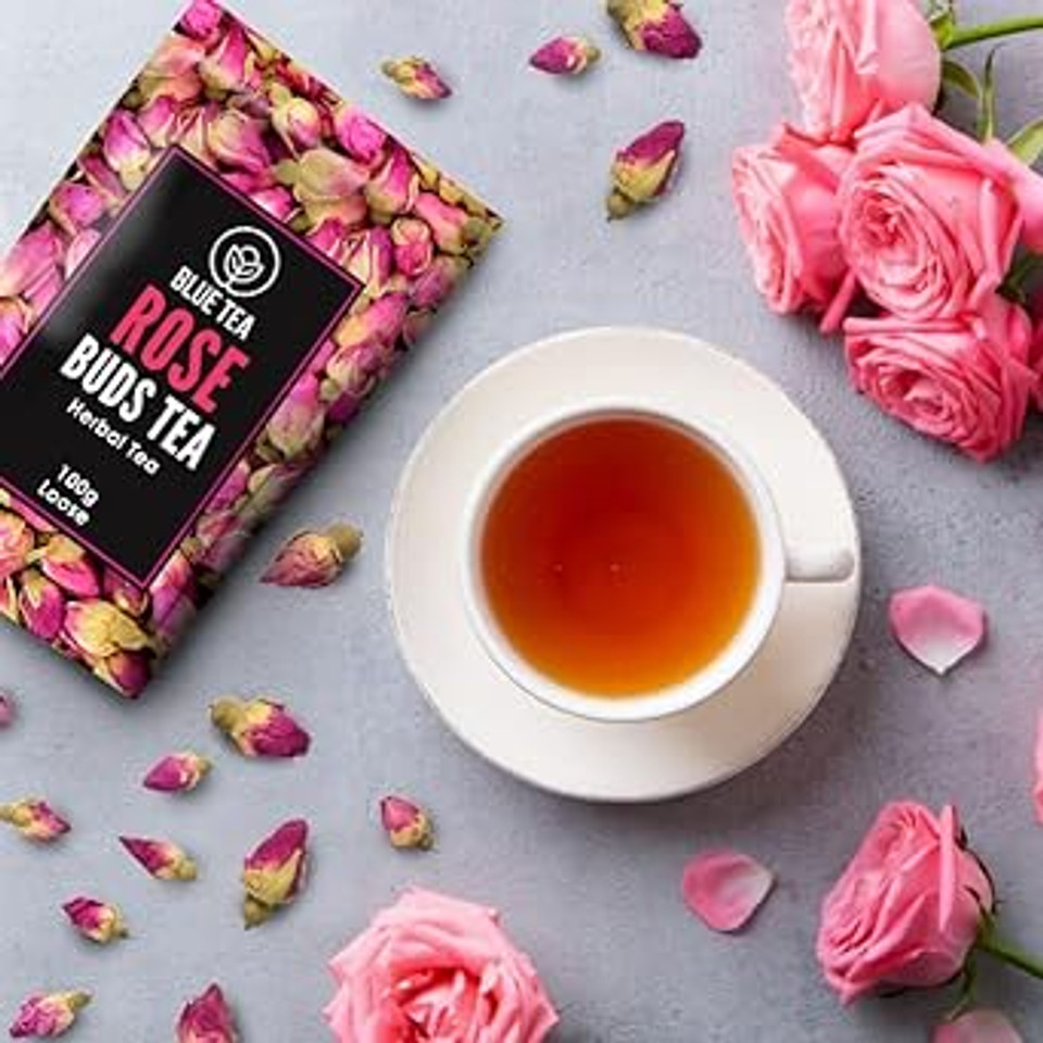 Blue Tea - Rose Buds Herbal Tea Loose Leaf - 3.52 Oz | Rich Vitamin-C | Beautiful Hair & Skin-Caffeine Free- Natural Ingredients - Flower Based -Herbal Tea- Vegan -Non-Gmo | Premium Zipper Pack