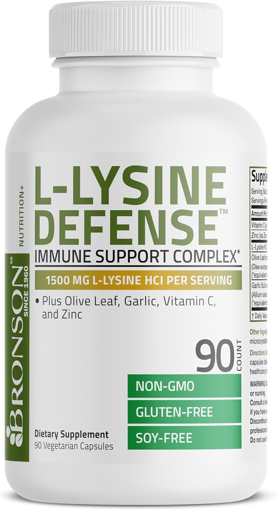 Bronson L-Lysine Defense Immune Support Complex 1500 Mg L-Lysine Plus Olive Leaf, Garlic, Vitamin C And Zinc - Non-Gmo, 90 Vegetarian Capsules