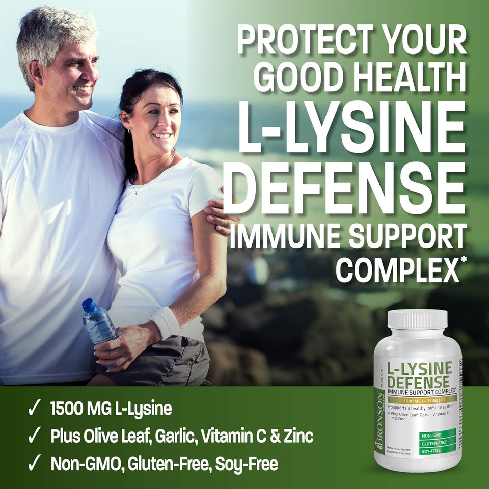 Bronson L-Lysine Defense Immune Support Complex 1500 Mg L-Lysine Plus Olive Leaf, Garlic, Vitamin C And Zinc - Non-Gmo, 90 Vegetarian Capsules