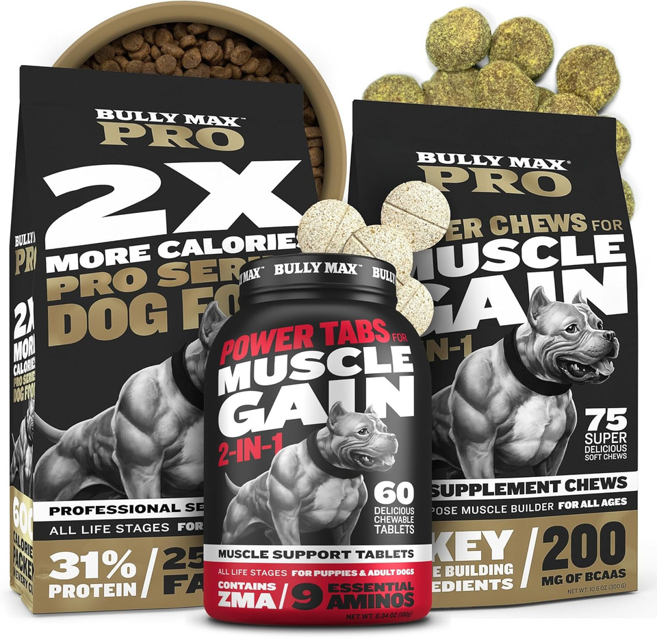 Bully Max Pro Muscle & Weight Gain Pack - 2X High Calorie Dry Dog Food 4Lbs, 2-In-1 Muscle Builder Tablets 60 Count & 11-In-1 Power 75 Tasty Chews For All Breeds, Puppies & Adult Dogs