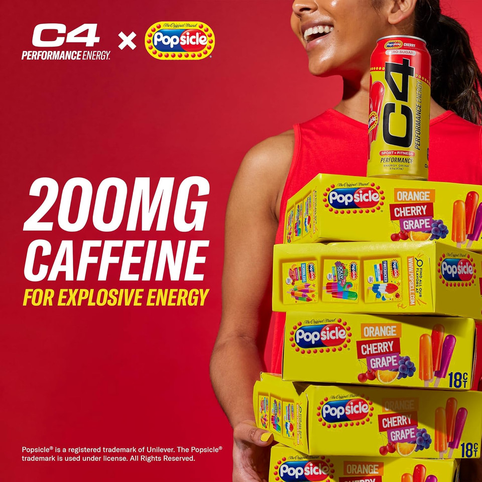 C4 Energy Drink X Cherry Popsicle, Carbonated Sugar Free Pre Workout Performance Drink With No Artificial Colors Or Dyes, 16 Oz, Pack Of 12