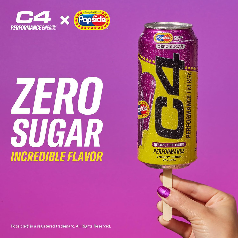 C4 Energy Drink X Cherry Popsicle, Carbonated Sugar Free Pre Workout Performance Drink With No Artificial Colors Or Dyes, 16 Oz, Pack Of 12