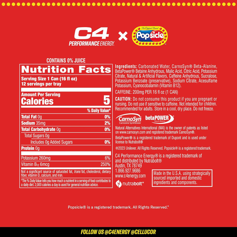 C4 Energy Drink X Cherry Popsicle, Carbonated Sugar Free Pre Workout Performance Drink With No Artificial Colors Or Dyes, 16 Oz, Pack Of 12