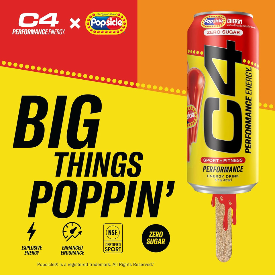 C4 Energy Drink X Cherry Popsicle, Carbonated Sugar Free Pre Workout Performance Drink With No Artificial Colors Or Dyes, 16 Oz, Pack Of 12