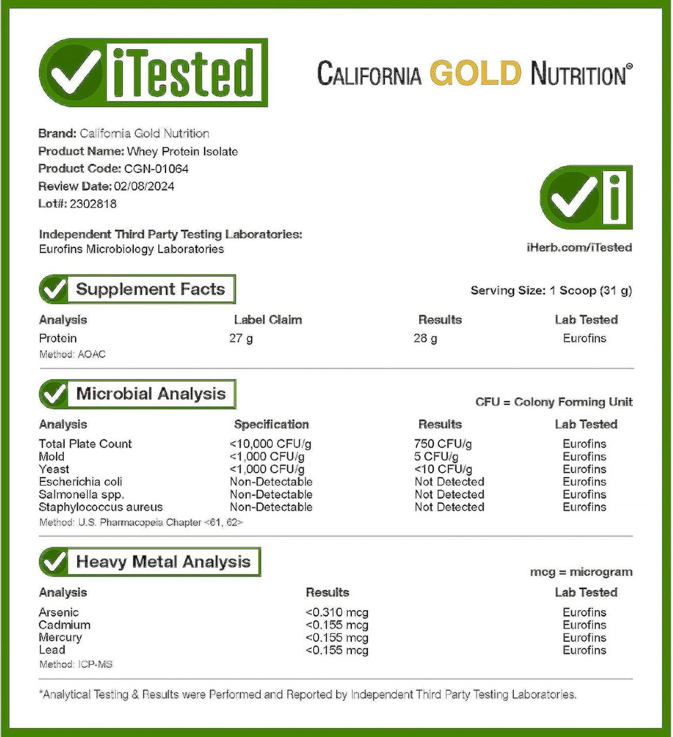 California Gold Nutrition Sport, Whey Protein Isolate, Unflavored, 1 Lb (454 G)