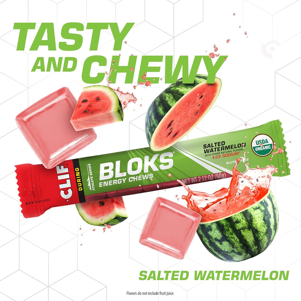 Cliff Bloks Energy Chews Bundle - Salted Watermelon 2X Sodium 2.12Oz (18 Count) And Strawberry 2.12Oz (18 Count)