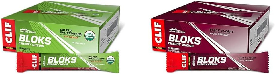 Cliff Bloks Salted Watermelon 2X Sodium & Black Cherry Caffeine Energy Chews Bundle - 2 Packs 18 Count 2.12Oz Each - Quick Carbs And Electrolytes For Cycling Running
