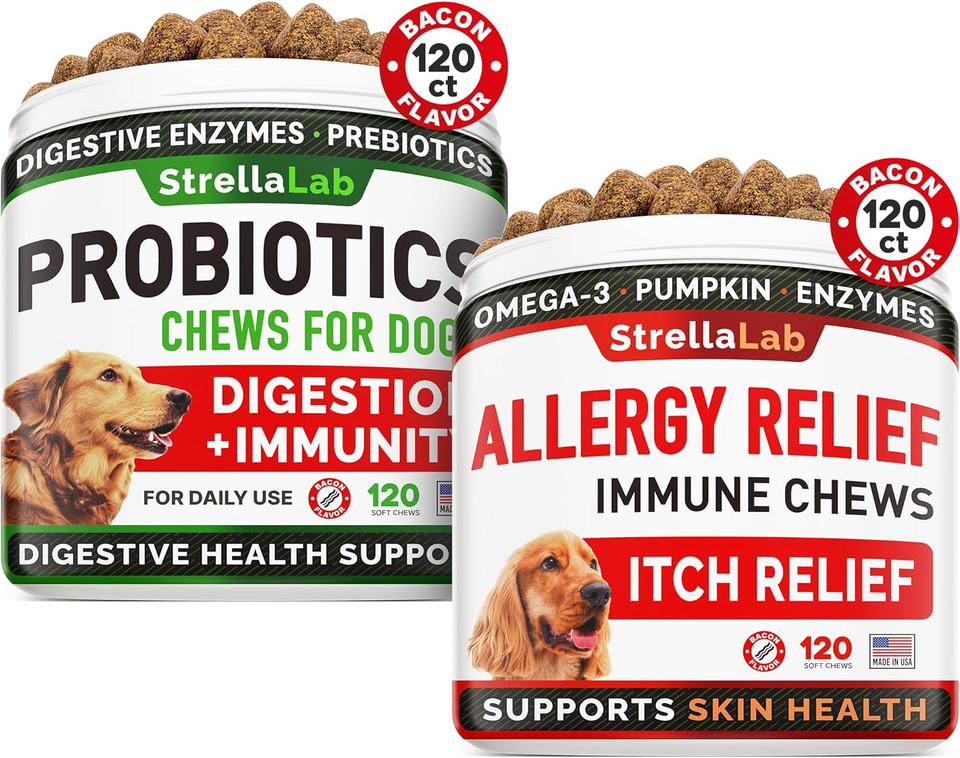 Dog Probiotics Treats + Allergy Relief - Digestive Enzymes + Prebiotics - Chewable Fiber Supplement, Itchy Skin Treatment With Omega 3 & Pumpkin, Dogs Itching And Licking Treats