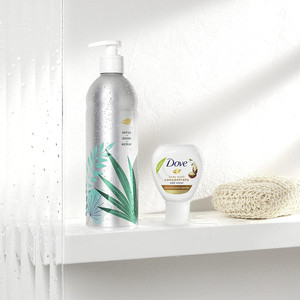 Dove Body Wash Aluminum Reusable Bottle And Concentrate Refill (2X) Starter Kit For Instantly Soft Skin Shea And Warm Vanilla For Skin Care And Lasting Nourishment 4Oz (Makes 16Oz)