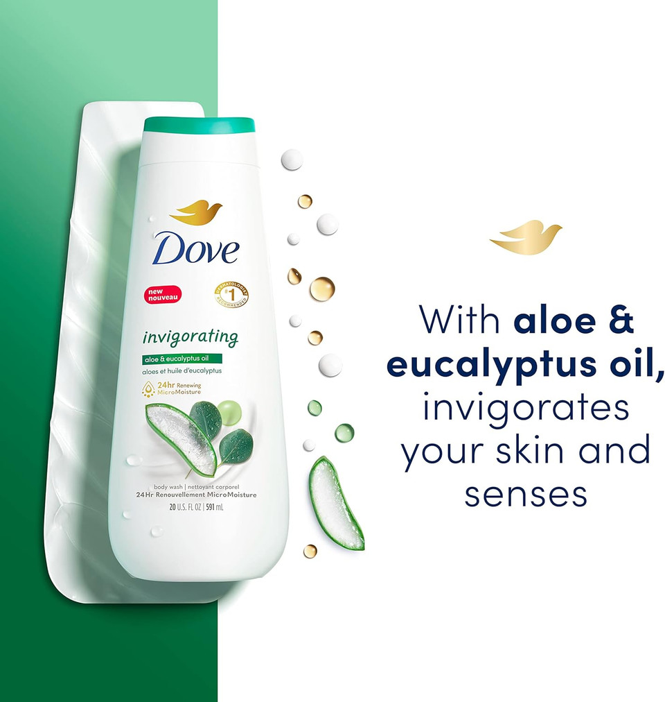 Dove Body Wash Invigorating With Aloe & Eucalyptus 4 Count For Dry Skin Refreshes And Invigorates Skin 20 Oz