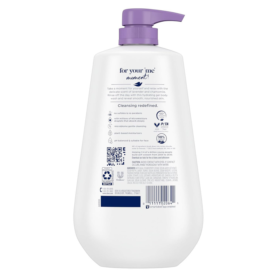 Dove Body Wash With Pump Relaxing Lavender Oil & Chamomile 3 Count For Renewed, Healthy-Looking Skin Gentle Skin Cleanser With 24Hr Renewing Micromoisture 30.6 Oz