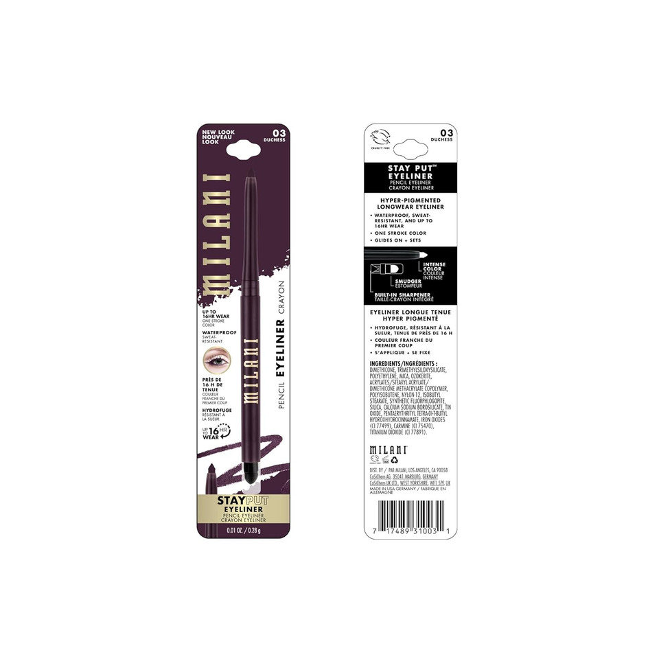 Milani Stay Put Eyeliner - Duchess (0.01 Ounce) Cruelty-Free Self-Sharpening Eye Pencil With Built-In Smudger - Line & Define Eyes With High Pigment Shades For Long-Lasting Wearduchess