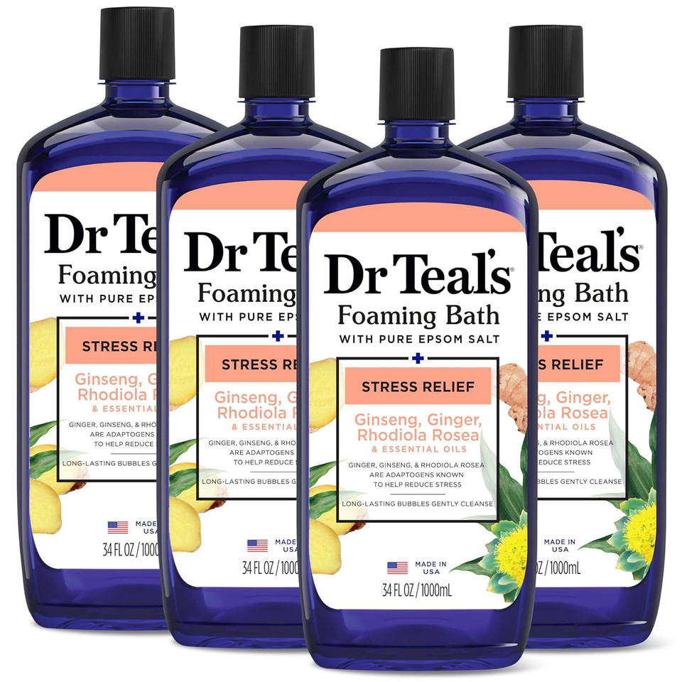 Dr Teal'S Foaming Bath With Pure Epsom Salt, Stress Relief With Ginseng & Ginger, 4 Count - 136 Fl Oz Total