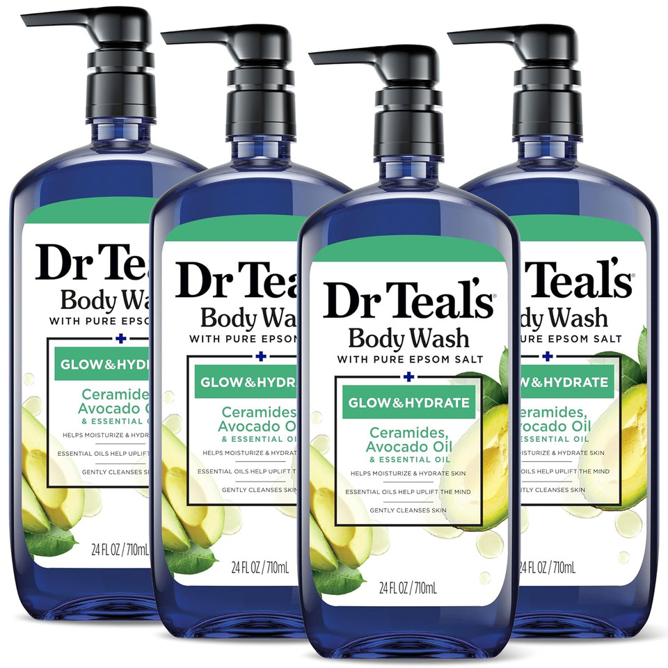Dr Teal'S Teal'S Body Wash With Pure Epsom Salt, Glow & Hydrate With Avocado, 24 Fl Oz (Pack Of 4)