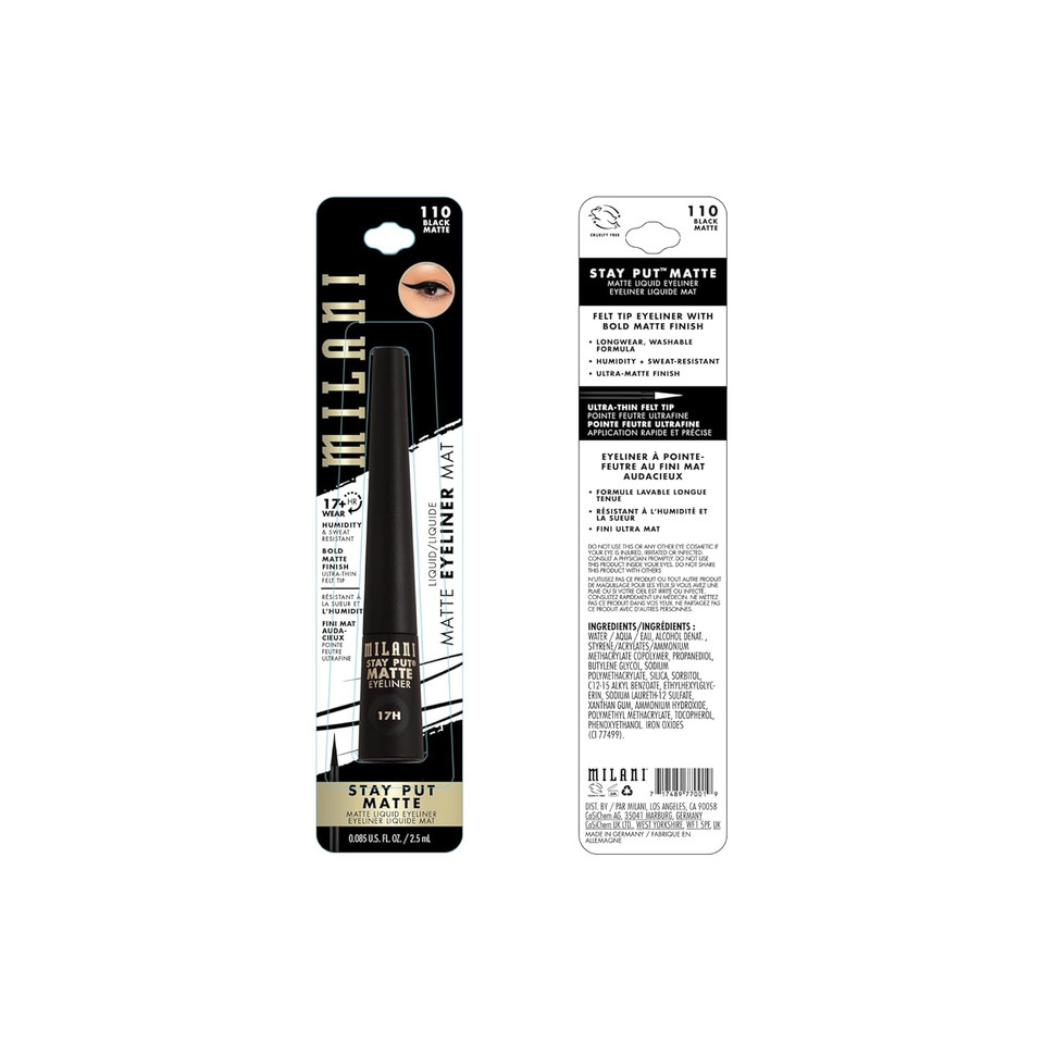 Milani Stay Put Matte 17Hr Liquid Eyeliner - Black Matte (0.09 Fl. Oz.) Vegan, Cruelty-Free Liquid Eyeliner - Line & Define Eyes With High Pigment Shades For Long-Lasting Wearblack Matte