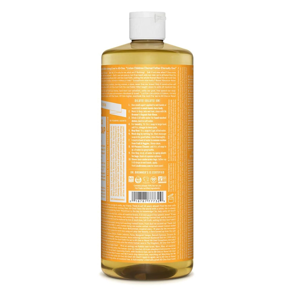 Dr. Bronner'S - Pure-Castile Liquid Soap (Citrus, 32 Ounce, 2-Pack) - Made With Organic Oils, 18-In-1 Uses: Face, Body, Hair, Laundry, Pets And Dishes, Concentrated, Vegan, Non-Gmo