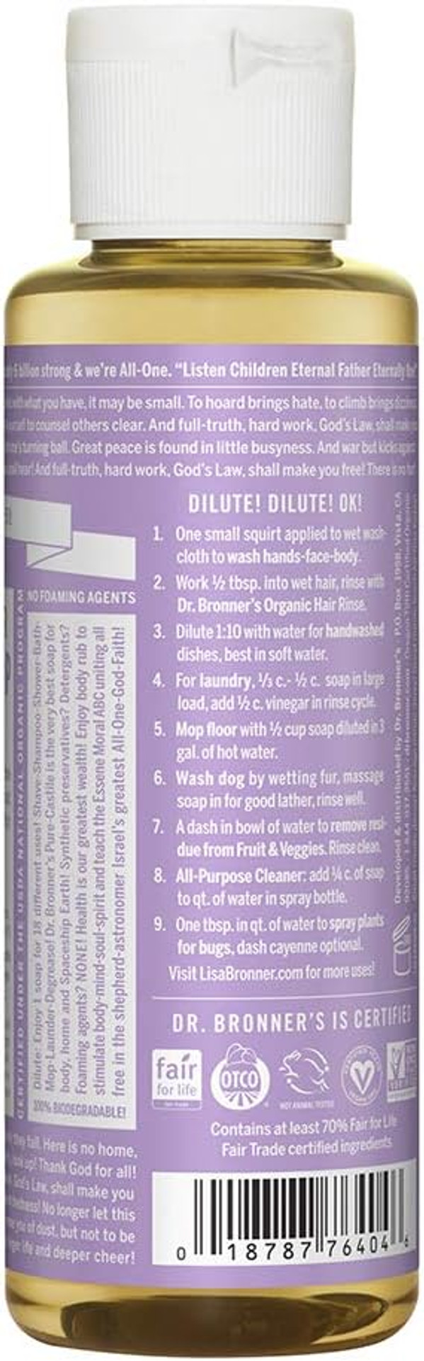 Dr. Bronner'S - Pure-Castile Liquid Soap (Lavender, 4 Ounce) - Made With Organic Oils, 18-In-1 Uses: Face, Body, Hair, Laundry, Pets And Dishes, Concentrated, Vegan, Non-Gmo