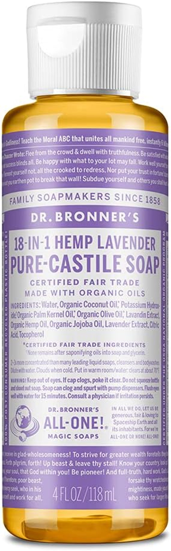 Dr. Bronner'S - Pure-Castile Liquid Soap (Lavender, 4 Ounce) - Made With Organic Oils, 18-In-1 Uses: Face, Body, Hair, Laundry, Pets And Dishes, Concentrated, Vegan, Non-Gmo