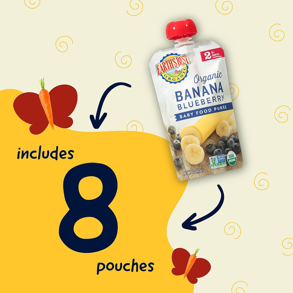 Earth'S Best Organic Baby Food Pouches, Stage 2 Wholesome Breakfast Puree For Babies 6 Months And Older, Organic Banana Blueberry Puree, 4 Oz Resealable Pouch (Pack Of 8)