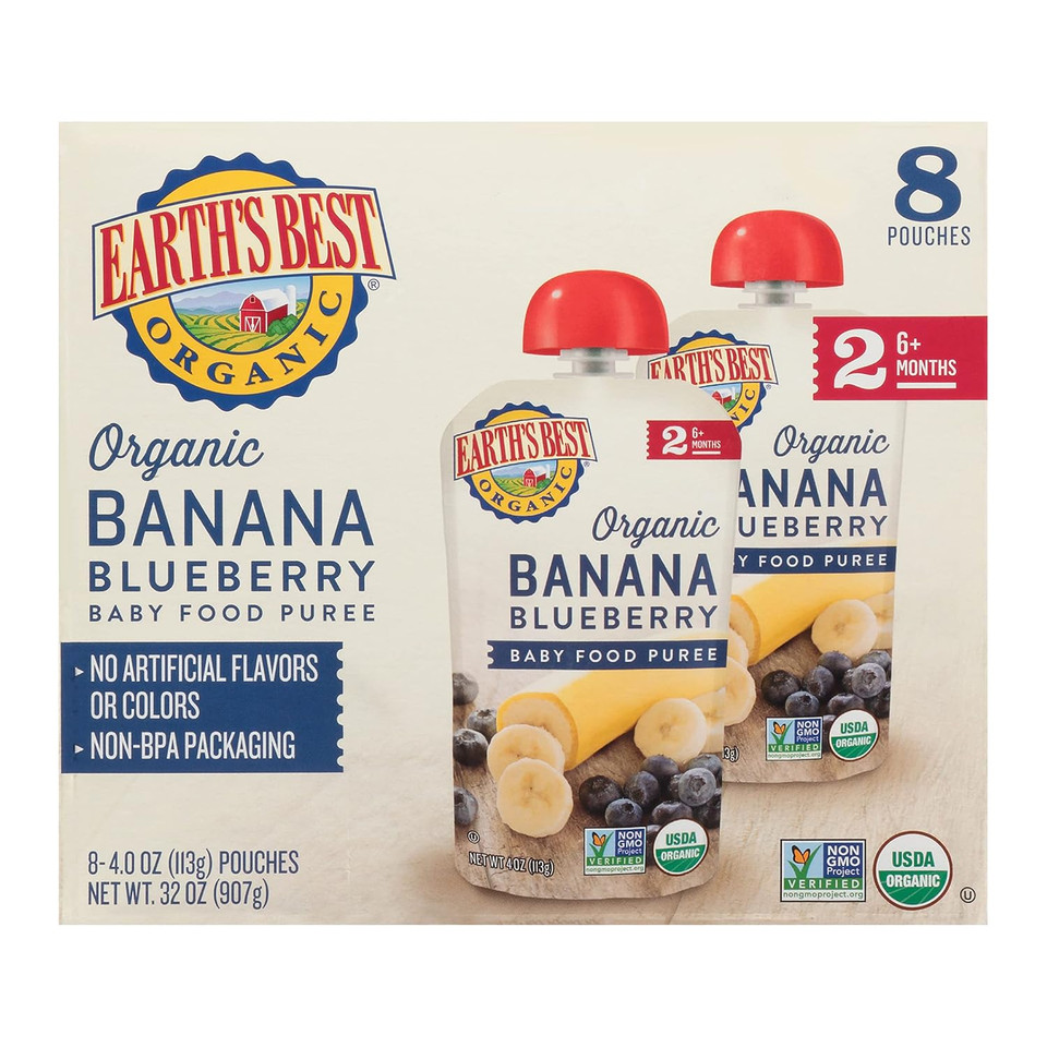 Earth'S Best Organic Baby Food Pouches, Stage 2 Wholesome Breakfast Puree For Babies 6 Months And Older, Organic Banana Blueberry Puree, 4 Oz Resealable Pouch (Pack Of 8)