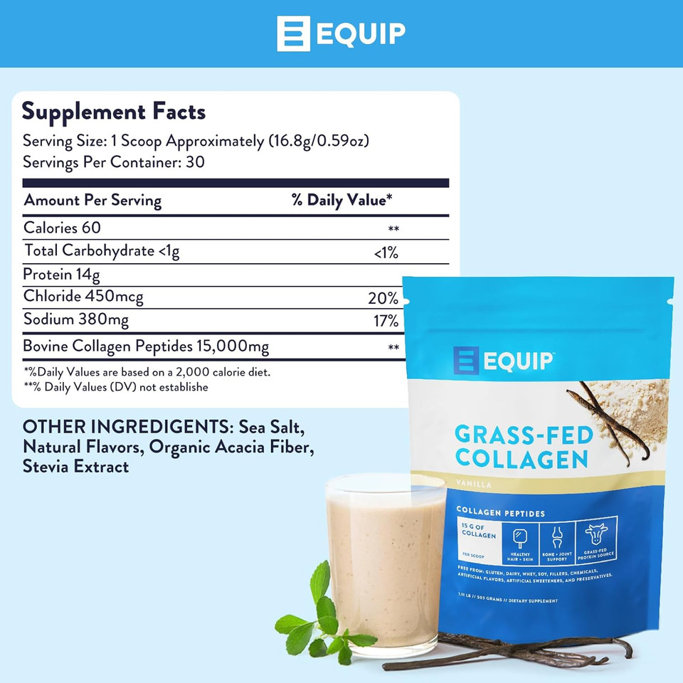 Equip Foods Grass Fed Collagen - 100% Hydrolyzed Bovine Collagen Peptides With Amino Acids - Prime Beef Collagen For Healthy Joints, Skin & Nails - Non-Gmo, Paleo Friendly, 1.11 Pound, Vanilla