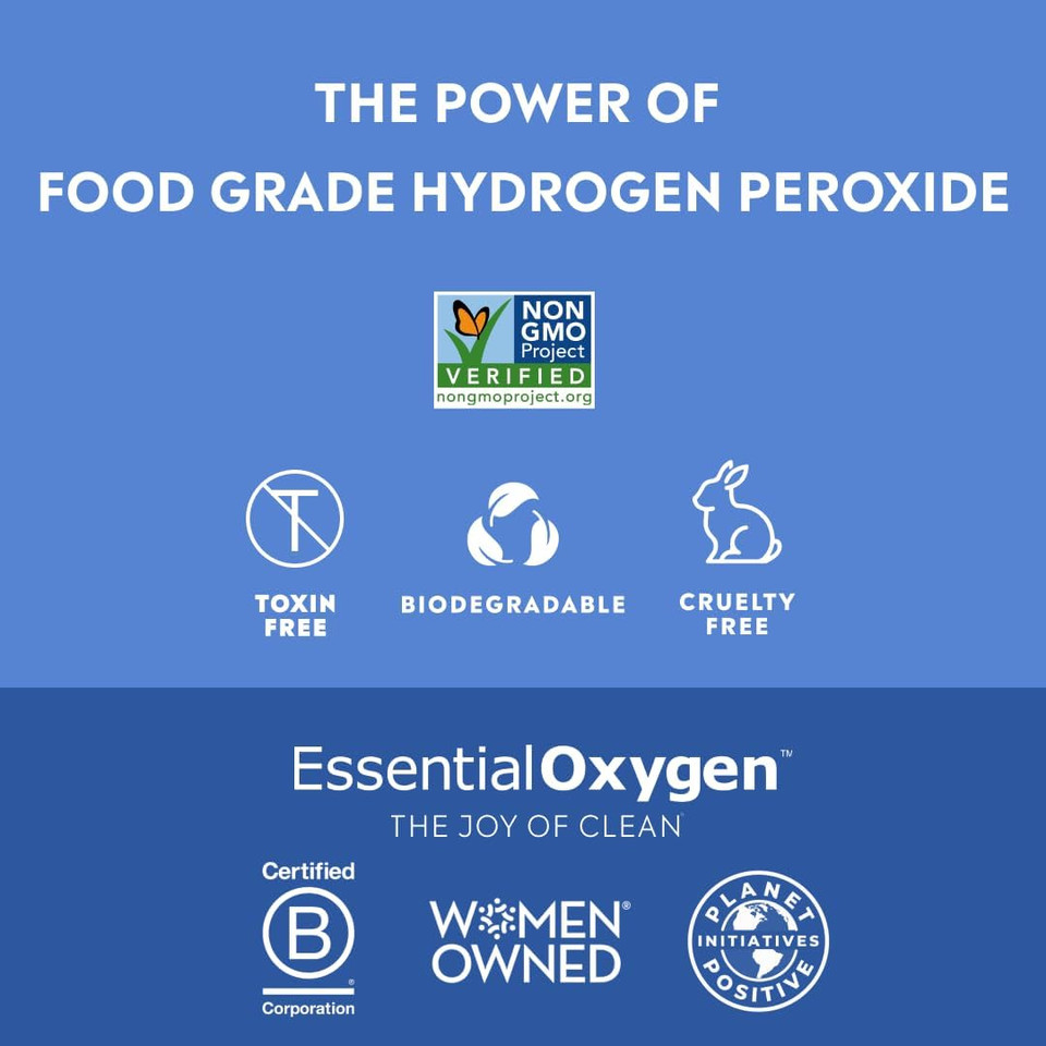 Essential Oxygen, Food Grade Hydrogen Peroxide, 8 + 32 Fl Oz, Natural Cleaner, 3%, 1 - 8 Fl Oz Spray And 1 - 32 Fl Oz Bottle, Refill, Hp (Pack Of 2)