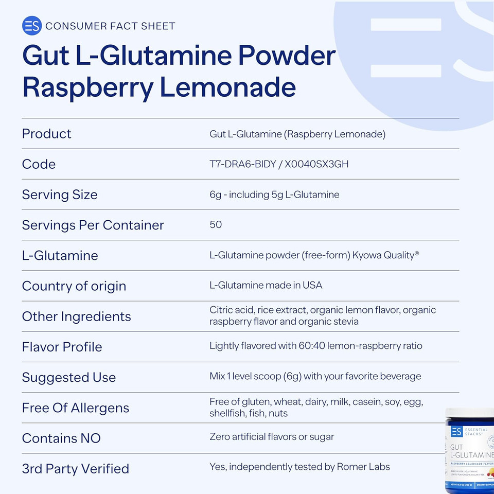 Essential Stacks Flavored Gut L-Glutamine Powder (Raspberry Lemonade) - Sugar Free & Gluten Free - Made With Organic Raspberry & Lemon Flavors (50 Servings)