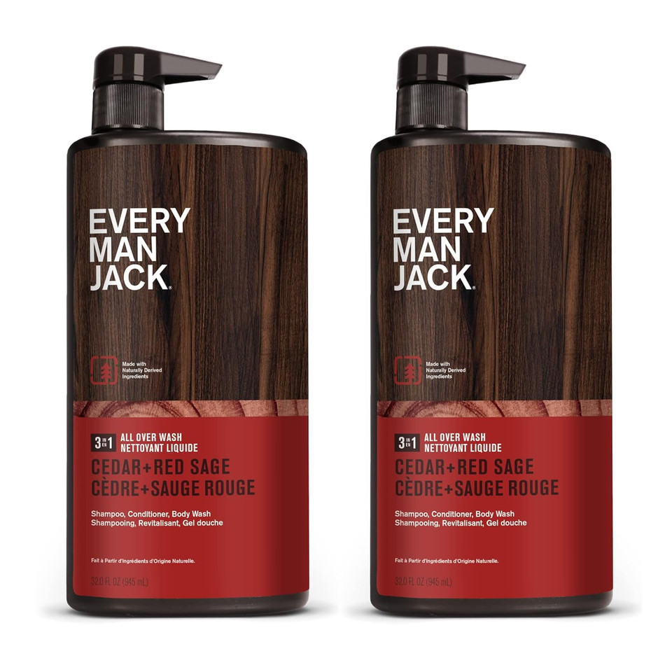 Every Man Jack Cedar + Red Sage Mens 3-In-1 All Over Wash For All Skin And Hair Types - Cleanse, Nourish, And Protect Skin And Hair With Naturally Derived Soy Proteins, Aloe, Glycerin - 2 Bottles