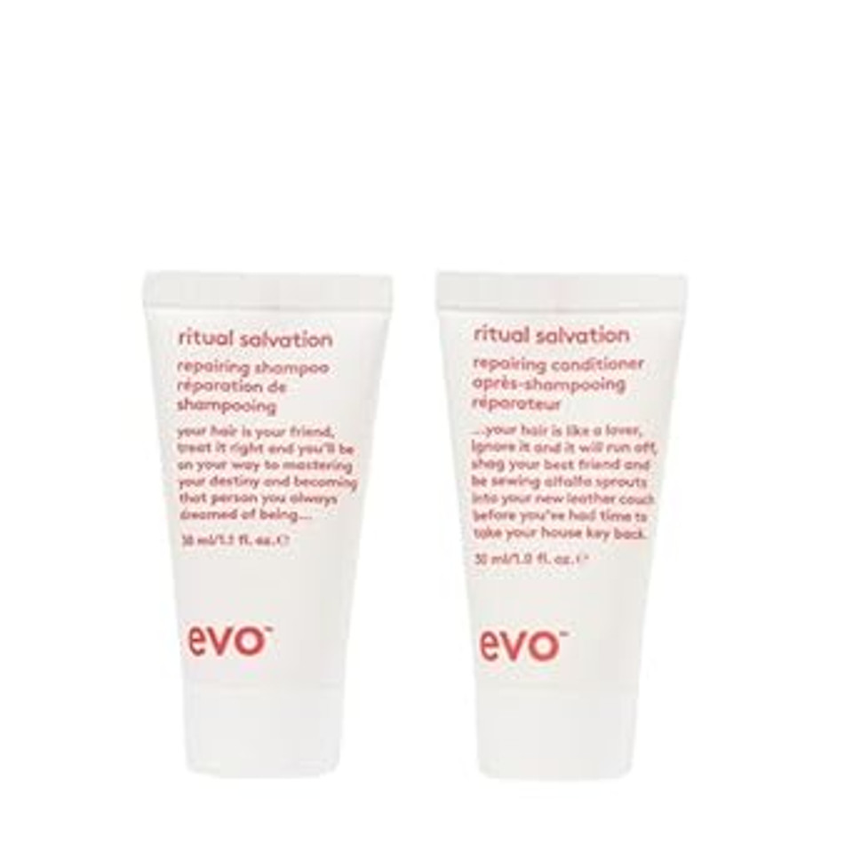 Evo Ritual Salvation Repairing Shampoo & Conditioner Travel Duo - Gentle Cleansing, Damage Repair, And Color Protection For Damaged, Brittle, And Color-Treated Hair - Travel Size, 2X30Ml / 1.01Fl.Oz