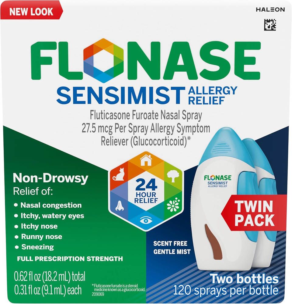 Flonase Sensimist Allergy Relief Nasal Spray For Non-Drowsy, 24-Hour Multi-Symptom Allergy Relief  120 Sprays (Pack Of 2)