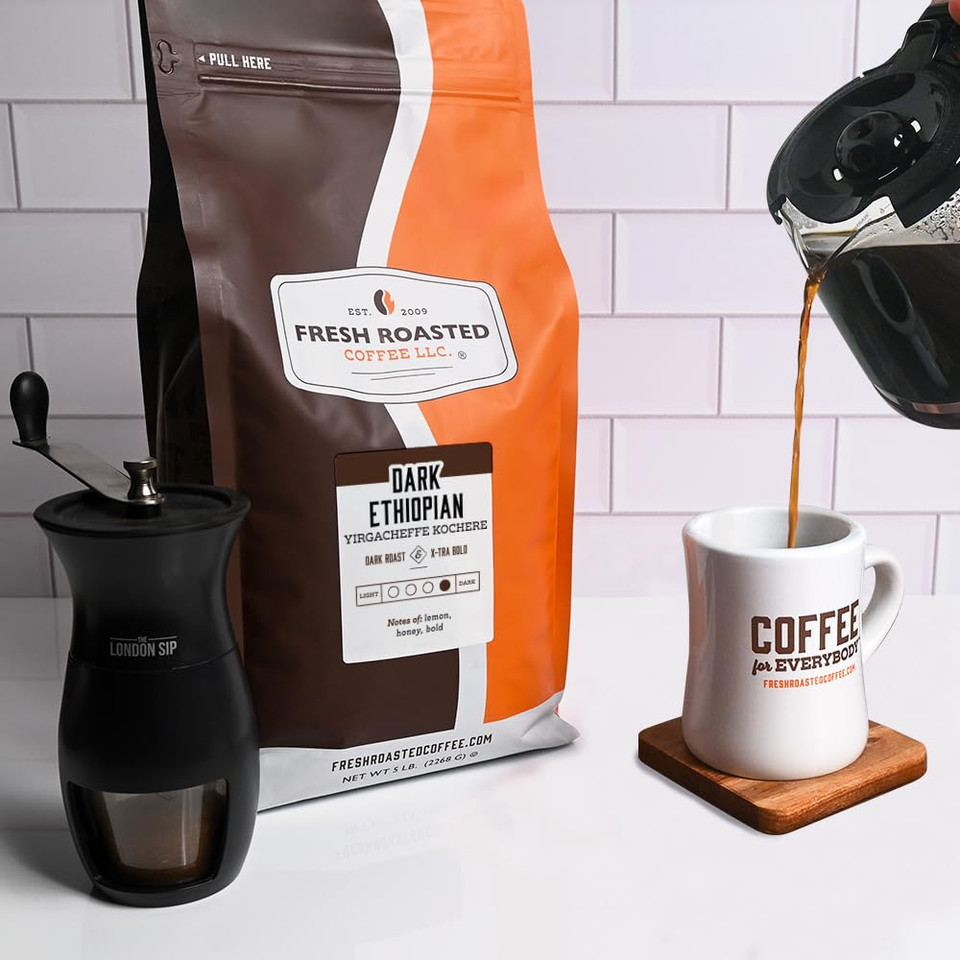 Fresh Roasted Coffee, Dark Ethiopian Yirgacheffe Kochere, 2 Lb (32 Oz), Dark Roast, Ground
