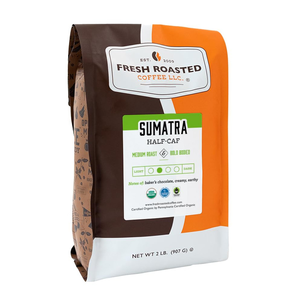 Fresh Roasted Coffee,100% Organic Sumatra Water Half-Caf | 2 Lb (32 Oz) | Single Origin | Medium Roast | Rfa Kosher | Ground