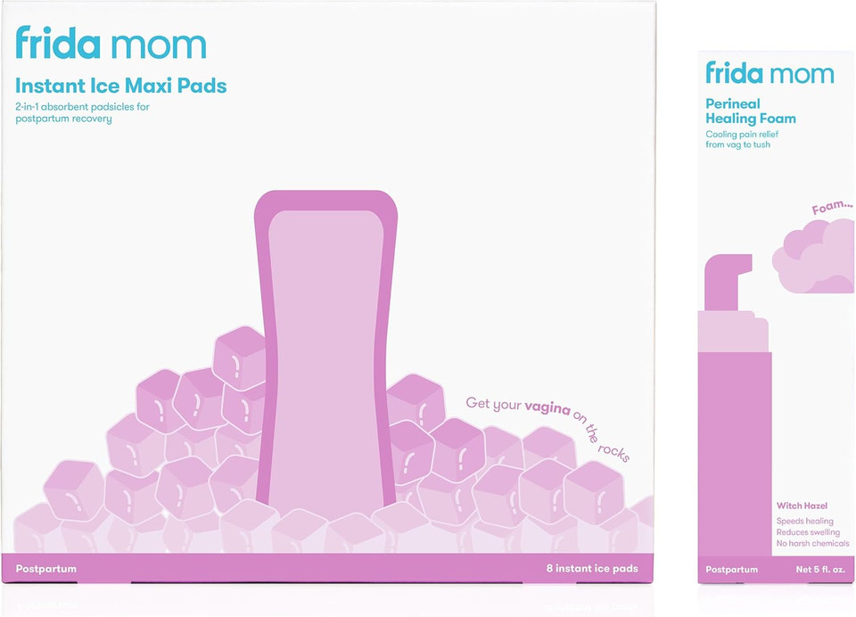 Frida Mom 2-In-1 Postpartum Absorbent Perineal Ice Maxi Pads + Perineal Medicated Witch Hazel Healing Foam For Postpartum Care, Relieves Pain And Reduces Swelling For Perineal Area