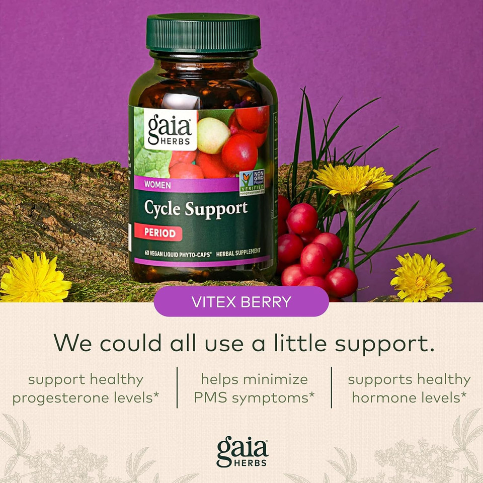 Gaia Herbs Cycle Support - Supports Hormone Balance & Pms Relief - Herbal Supplement With Vitex Berry & Schisandra - Free From Gluten, Dairy & Soy - 60 Vegan Capsules (30 Servings)