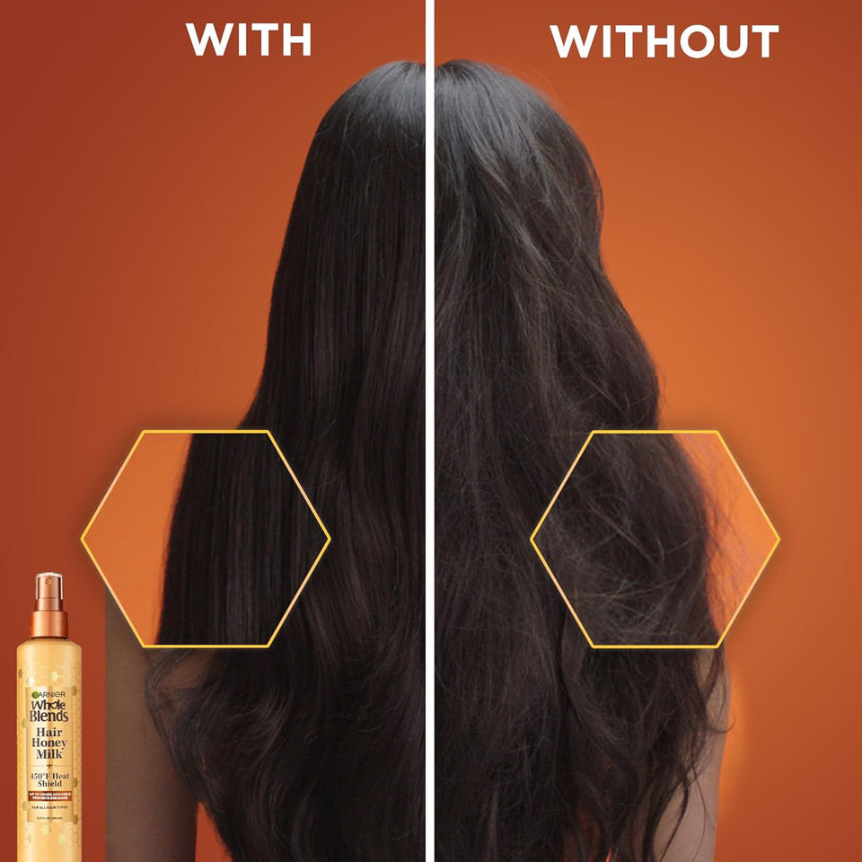Garnier Whole Blends Hair Honey Milk 450F Heat Protectant Spray, For All Hair Types With Up To 100 Hrs Of Frizz Control, 8.5 Fl Oz, 2 Count