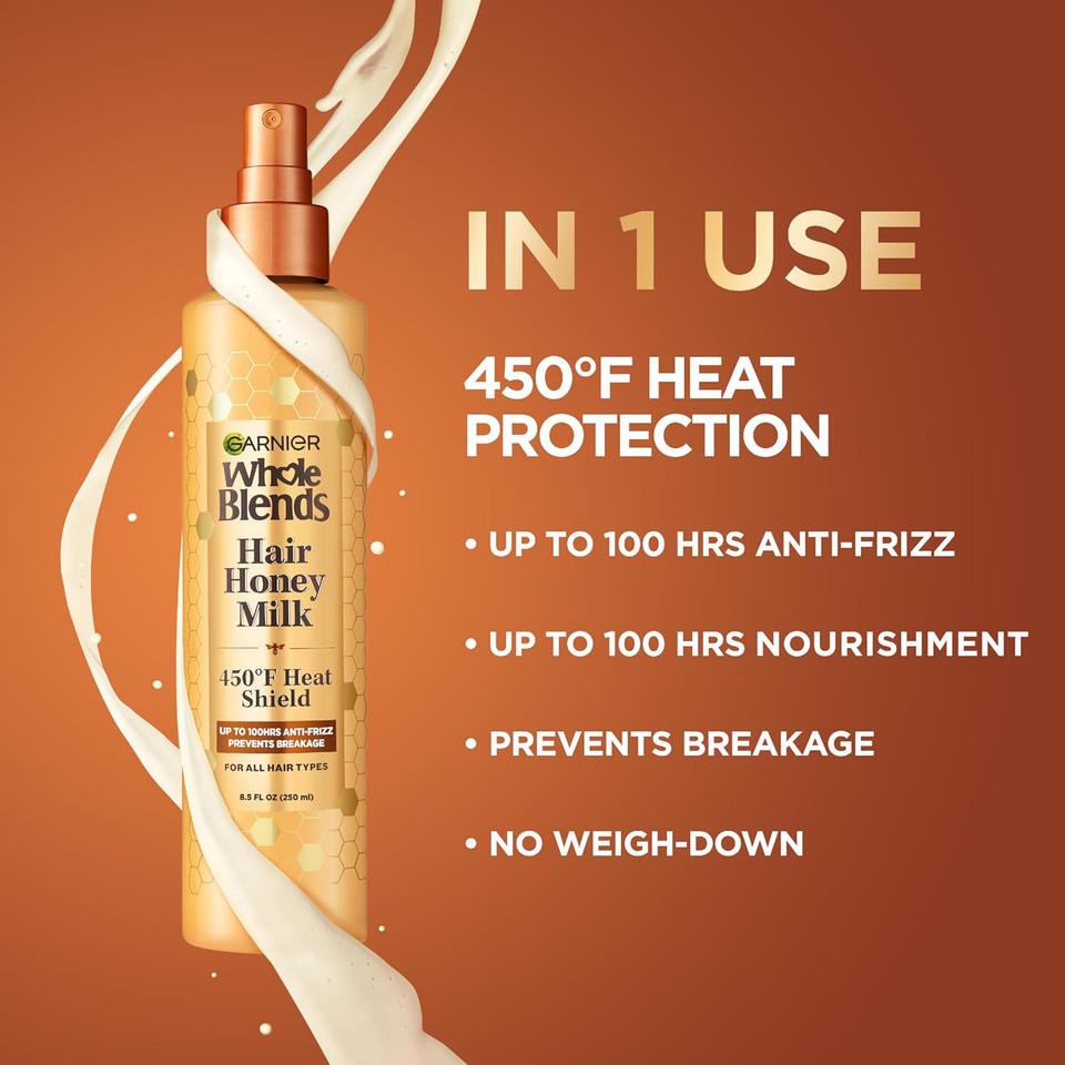 Garnier Whole Blends Hair Honey Milk 450F Heat Protectant Spray, For All Hair Types With Up To 100 Hrs Of Frizz Control, 8.5 Fl Oz, 2 Count