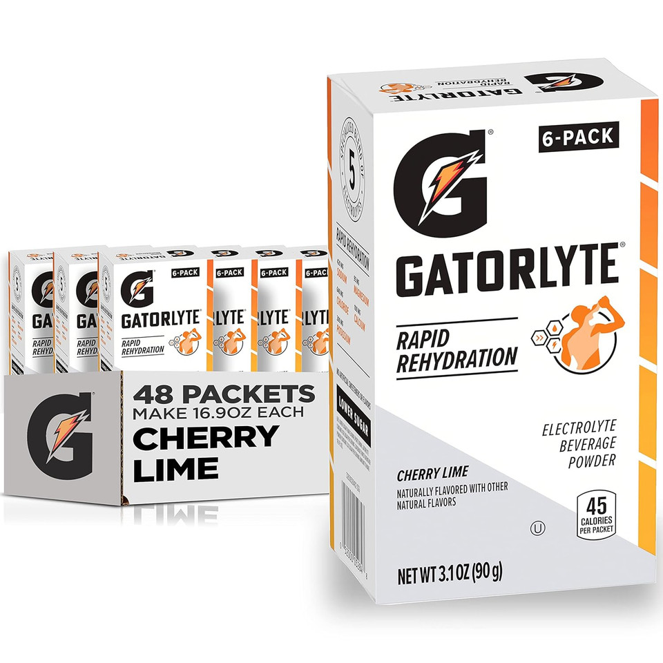 Gatorlyte Rapid Rehydration Electrolyte Beverage, Cherry Lime, Lower Sugar, Specialized Blend Of 5 Electrolytes, No Artificial Sweeteners Or Flavors, Scientifically Formulated For Rapid Rehydration, 48 Pack. 1 Pack Mixes With 16.9Oz (500Ml) Water.