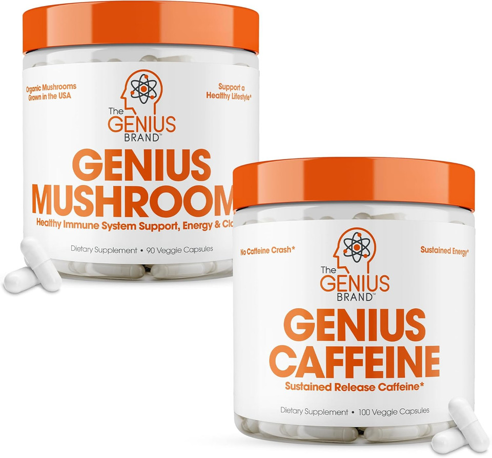 Genius Mushroom And Genius Caffeine Supplement Bundle - Lions Mane, Reishi And Cordyceps - Sustained Release Caffeine