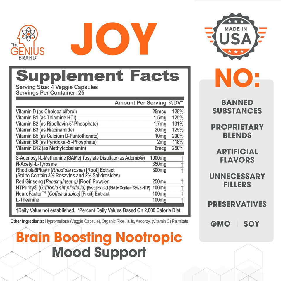 Genius Vitality & Mood Enhancement Stack - Sustained Release Caffeine & Nootropic Joy Supplement - Energy, Focus & Positive Mood Support