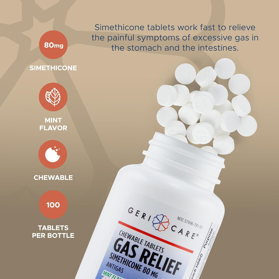 Gericare Simethicone Chewable Gas-Relief Tablets 80Mg | Fast Relief For Gas, Bloating And Discomfort | Mint-Flavored Anti-Gas Chewables | Oral Adult Gas Pain Relief | Anti-Flatulence Aid (100 Tablets)