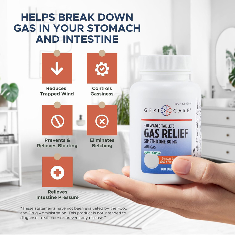 Gericare Simethicone Chewable Gas-Relief Tablets 80Mg | Fast Relief For Gas, Bloating And Discomfort | Mint-Flavored Anti-Gas Chewables | Oral Adult Gas Pain Relief | Anti-Flatulence Aid (100 Tablets)